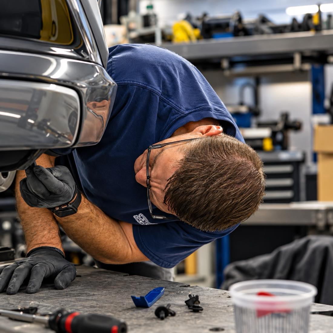 Technician repairing the front end of a vehicle